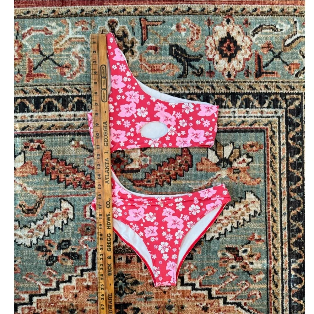 Frankies Bikinis Mila Red Pink Floral One Shoulder Cut Out Swimsuit Womens M